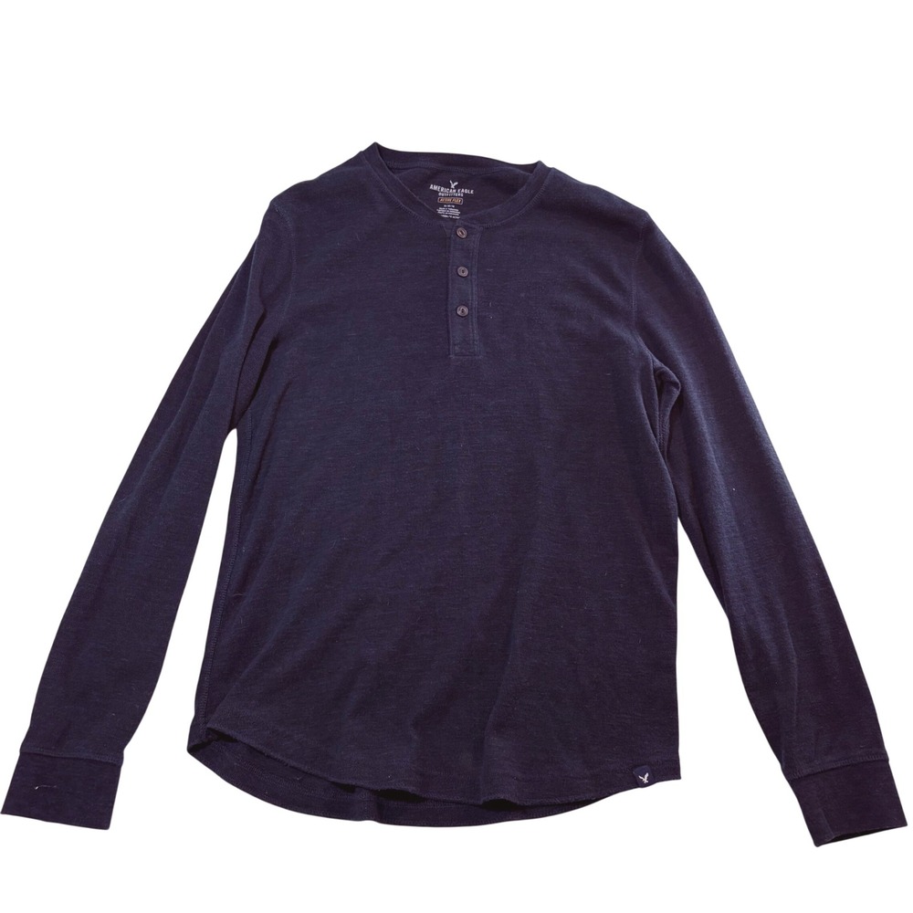 American Eagle Mens Active Flex Waffle Knit Henley Shirt Navy Blue Medium M